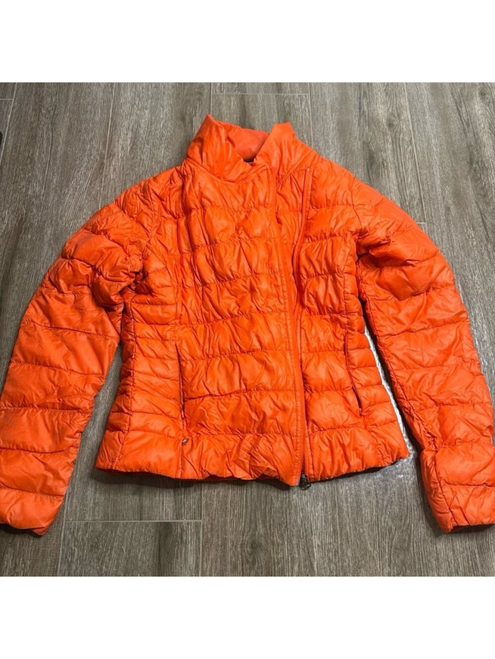 Athleta Jacket Womens Orange Downalicious Down Asymmetric Zip S